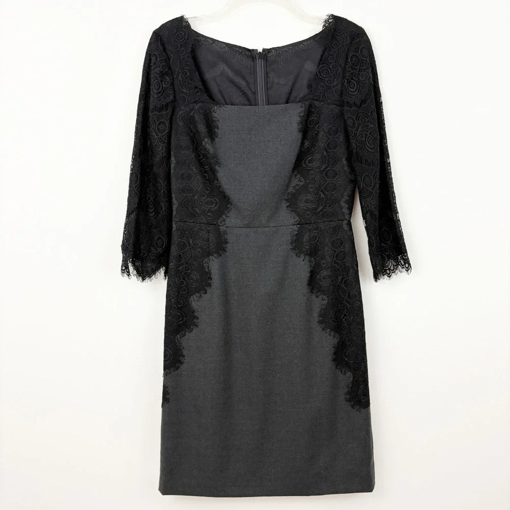 NWT Tory Burch Lainey Dress Size 6 Grey Melange Black Lace 3/4 Sleeve Wool Blend
